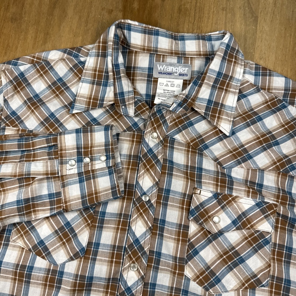 Wrangler Wrancher Long Sleeve Western Shirt Men's‎ XL Brown Plaid Pearl Snap